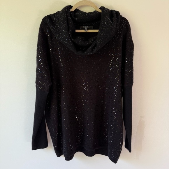 Saks Fifth Avenue sequined cowl neck cashmere sweater black SZ XL long sleeve - Picture 1 of 5